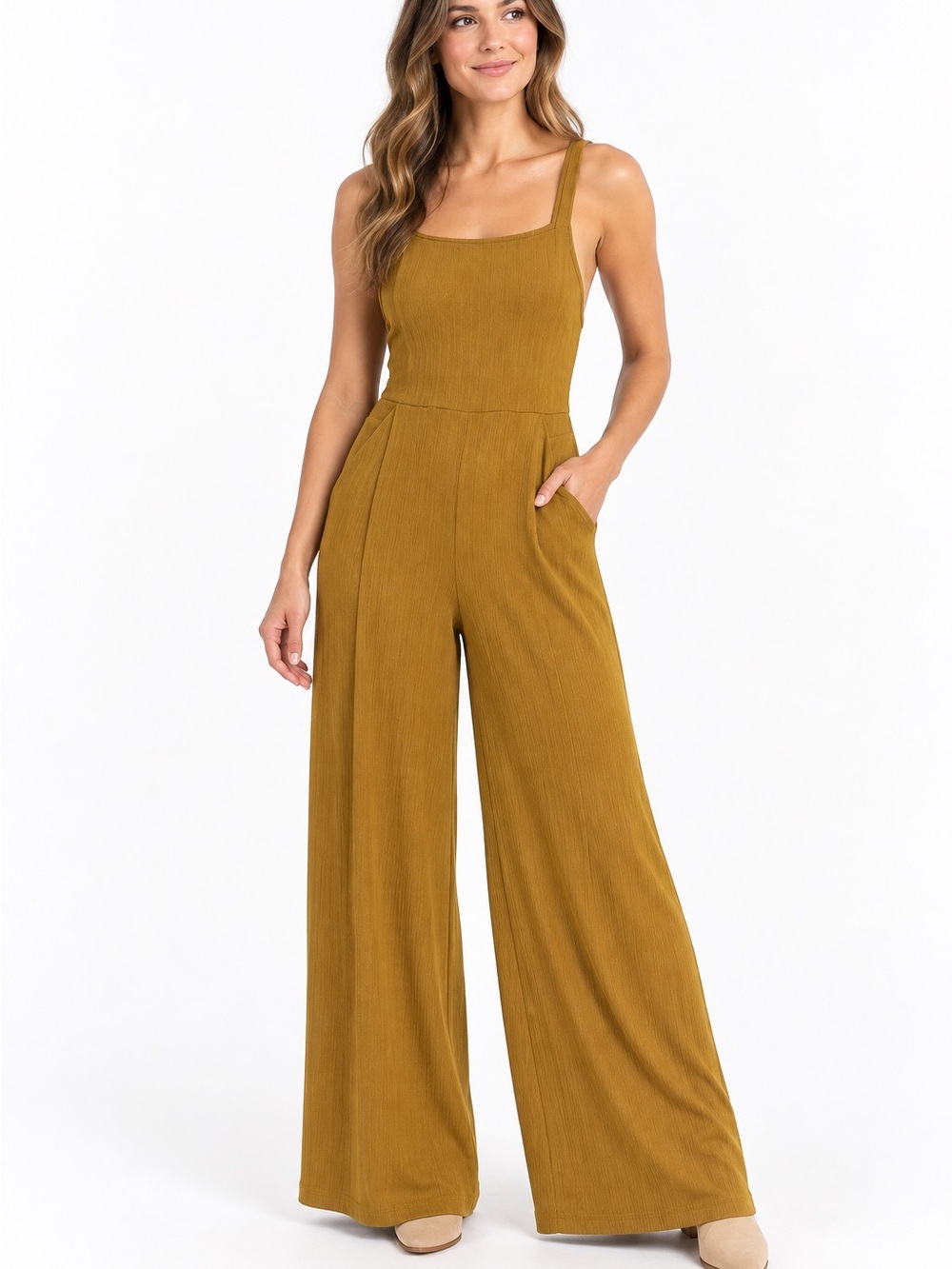 Sienna Sky Ribbed Wide-Leg Jumpsuit in Mustard